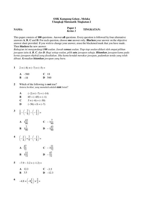 Contoh Soalan Matematik Form 2 Image